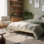 Modern bedroom with green accents and plants.