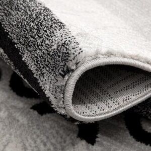 Close-up of rolled black and white textured rug.