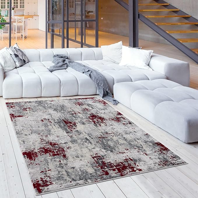 Modern living room with abstract rug and white sofa