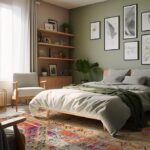 Modern bedroom with plants and decorative elements.