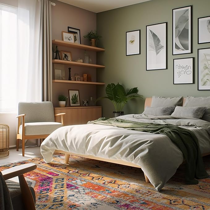 Modern bedroom with plants and decorative elements.
