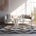 Modern living room with sofa and patterned rug.