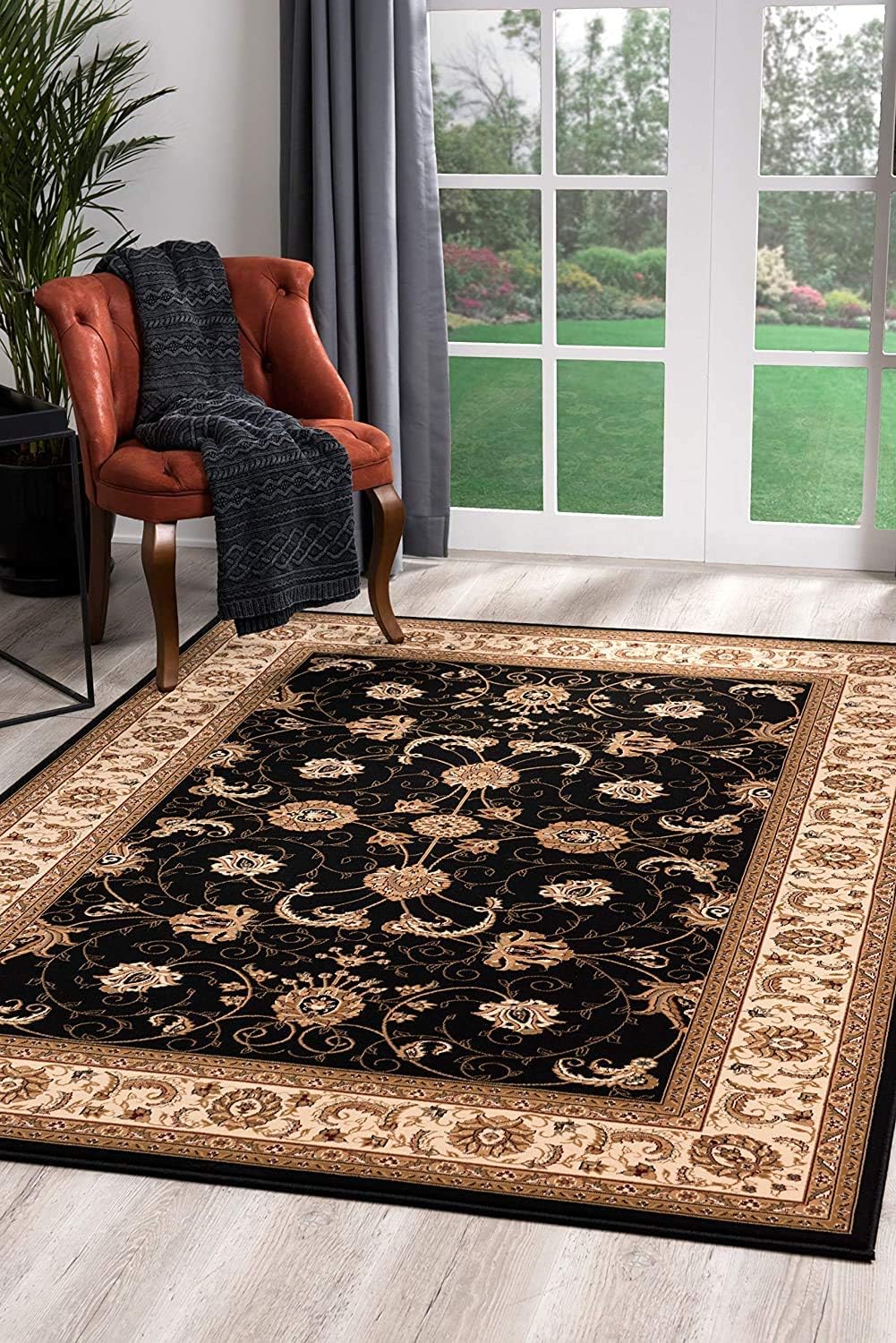 Decorative rug and chair in bright room