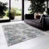 Modern living room with abstract patterned rug.