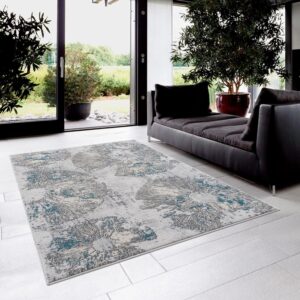 Modern living room with abstract patterned rug.
