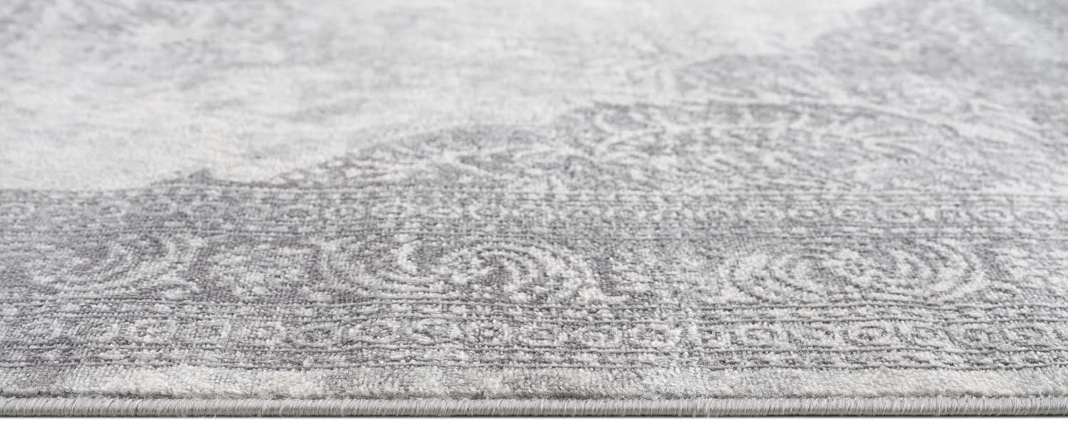 Close-up of intricate gray patterned rug