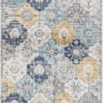 Colorful floral pattern rug with abstract design.