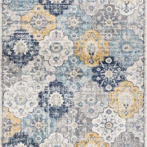 Colorful floral pattern rug with abstract design.