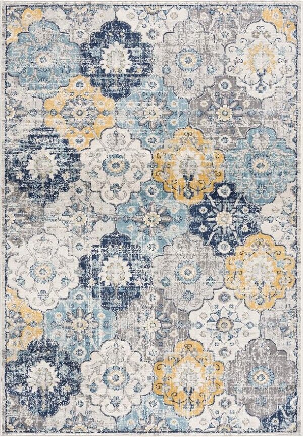 Colorful floral pattern rug with abstract design.