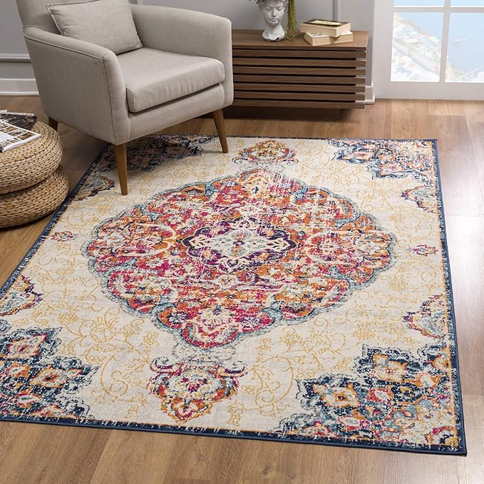 Colorful Persian-style rug in living room setting.