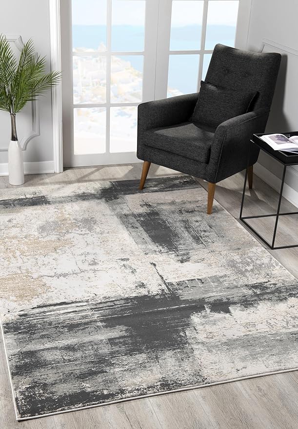 Modern abstract rug in bright living room