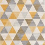 Geometric yellow and gray triangle patterned rug.