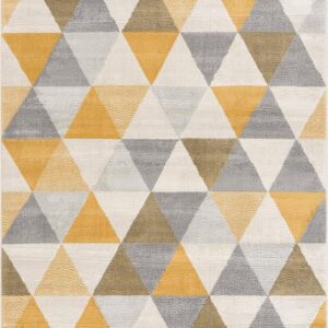 Geometric yellow and gray triangle patterned rug.