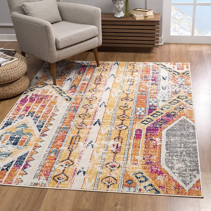 Decorative patterned rug in modern living room