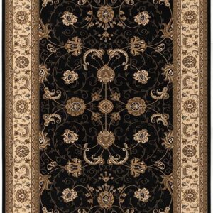Elegant floral black and beige area rug design.