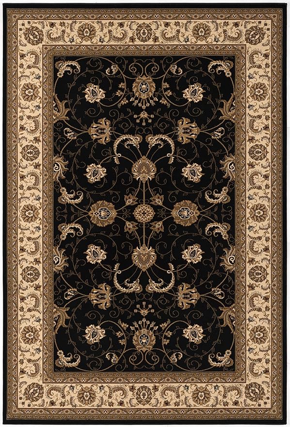 Elegant floral black and beige area rug design.