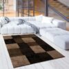 Modern living room with brown checkered rug.