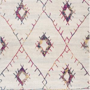 Colorful geometric pattern rug with diamond shapes.
