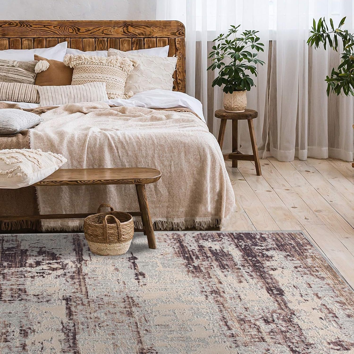 Cozy bedroom with wooden bed and vintage rug
