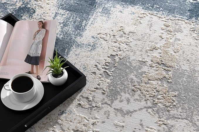 Tray with coffee and magazine on textured carpet.