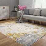 Modern living room with abstract yellow-gray rug