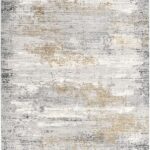 Abstract gray and beige distressed area rug.