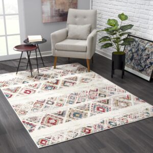 Cozy room with patterned rug and modern furniture.