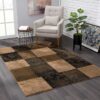 Modern living room with patterned brown rug.