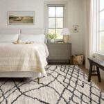 Cozy bedroom with modern decor and abstract rug.