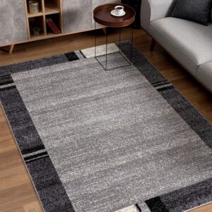 Modern living room with gray rug and furniture.