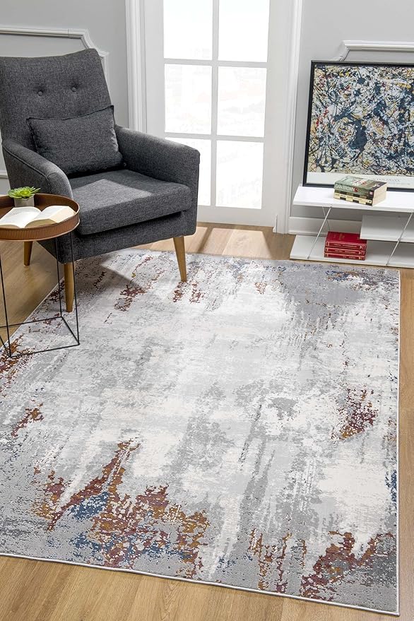 Modern living room with abstract gray rug.
