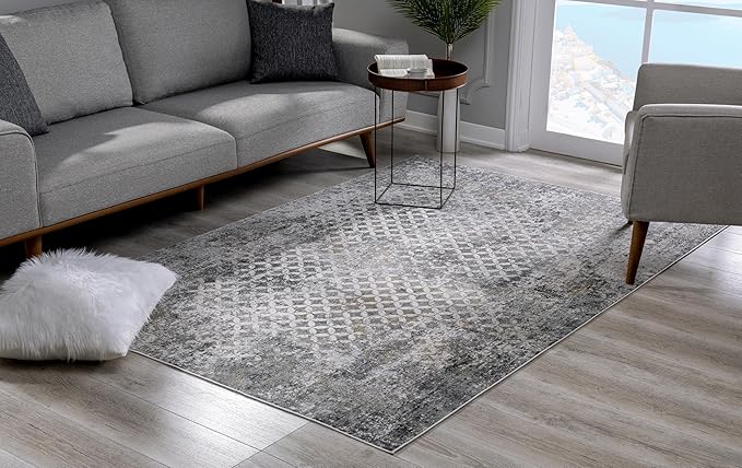 Modern living room with gray patterned rug