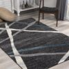 Modern rug with intersecting lines design in room.