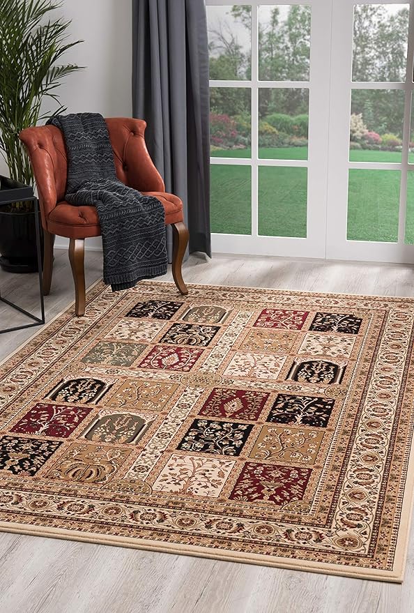 Patterned area rug in a living room