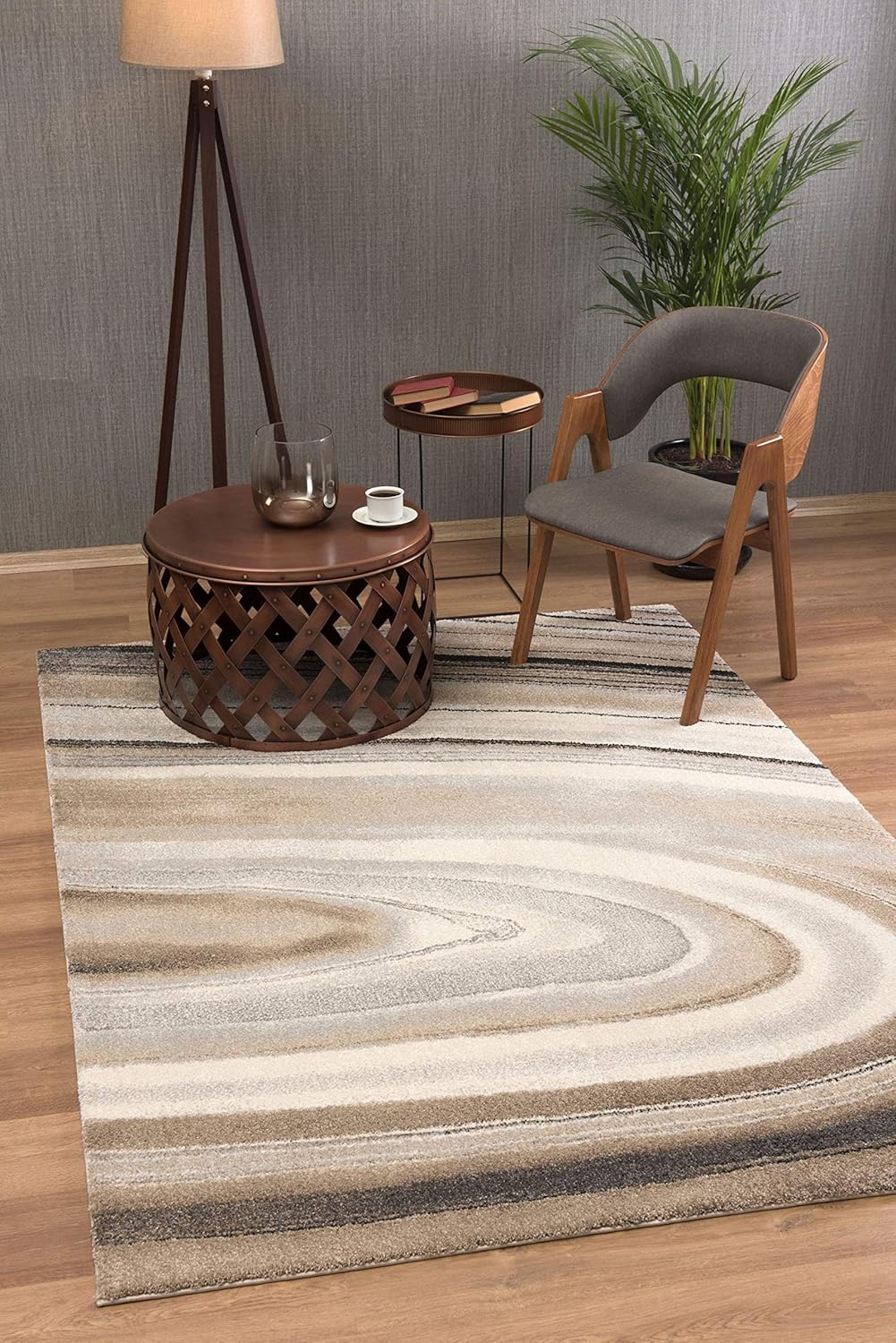 Modern living room with rug, chair, and lamp.