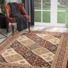 Elegant patterned rug in cozy living room setup.