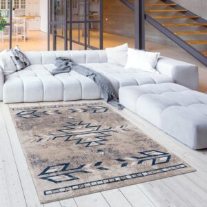 Modern living room with patterned area rug.
