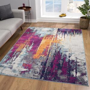 Colorful abstract area rug in modern living room.