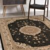 Ornate carpet with decorative patterns in modern room.