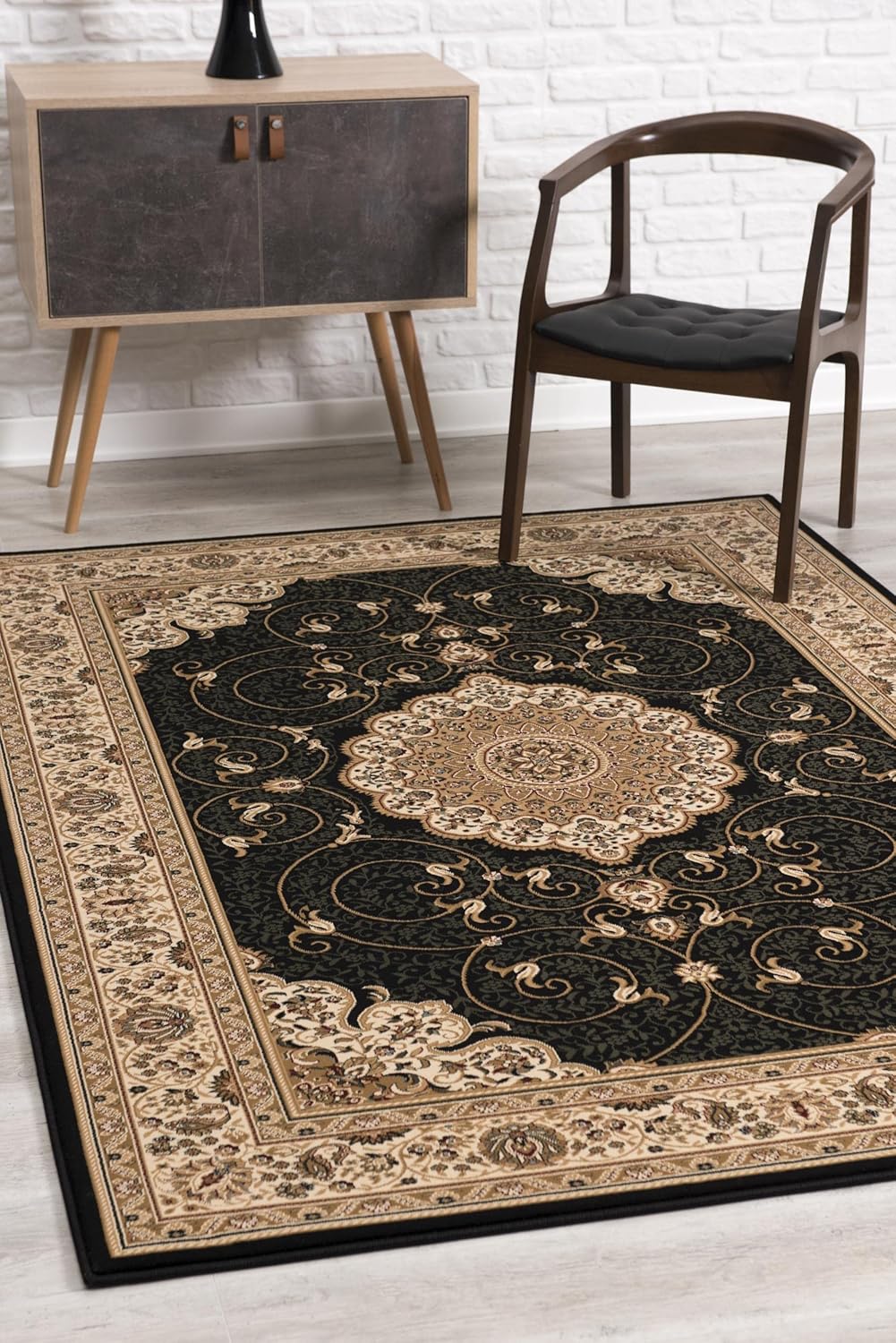 Ornate carpet with decorative patterns in modern room.