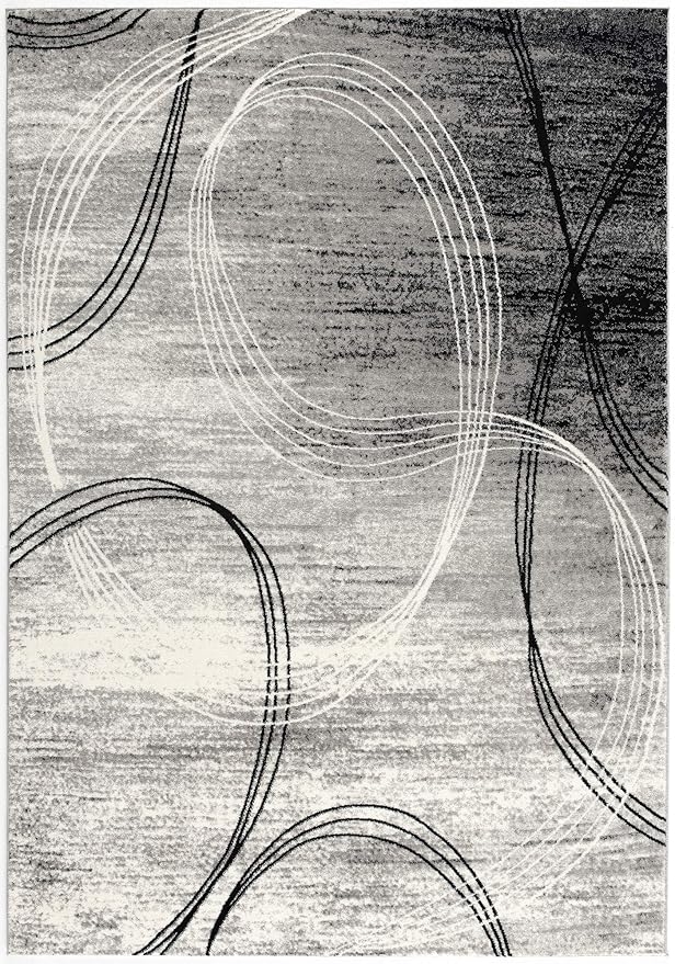 Abstract gray rug with wavy line patterns.