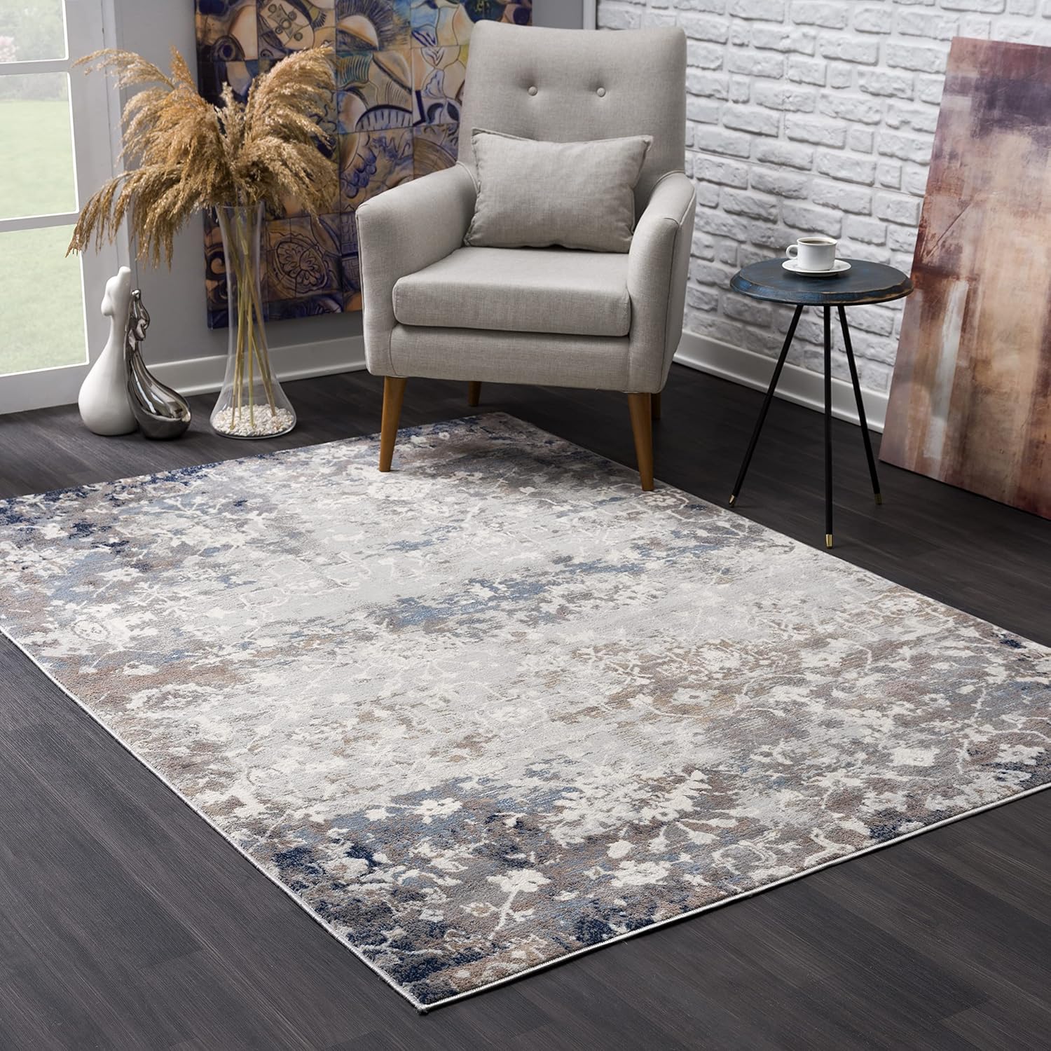 Modern living room with patterned area rug.