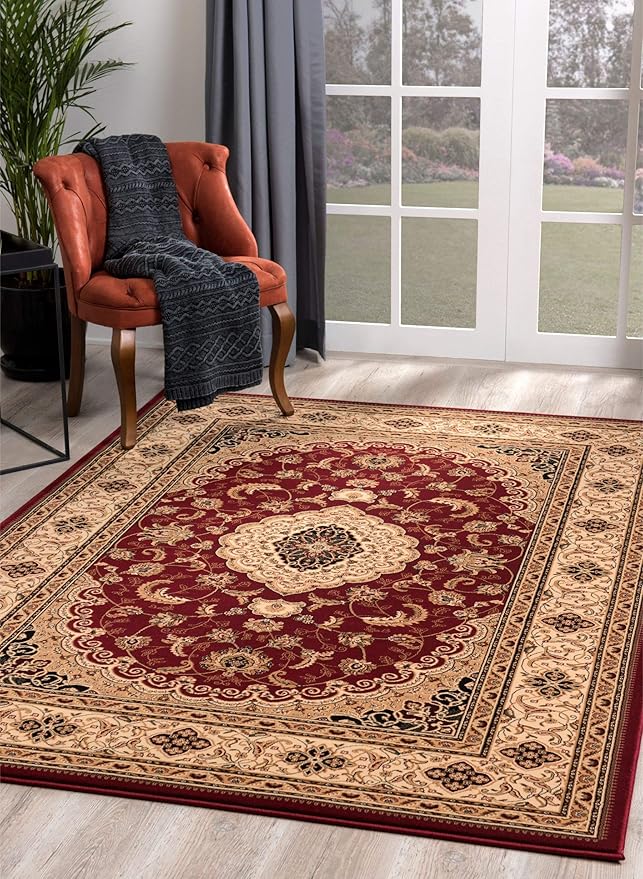 Elegant room with ornate red and beige rug.