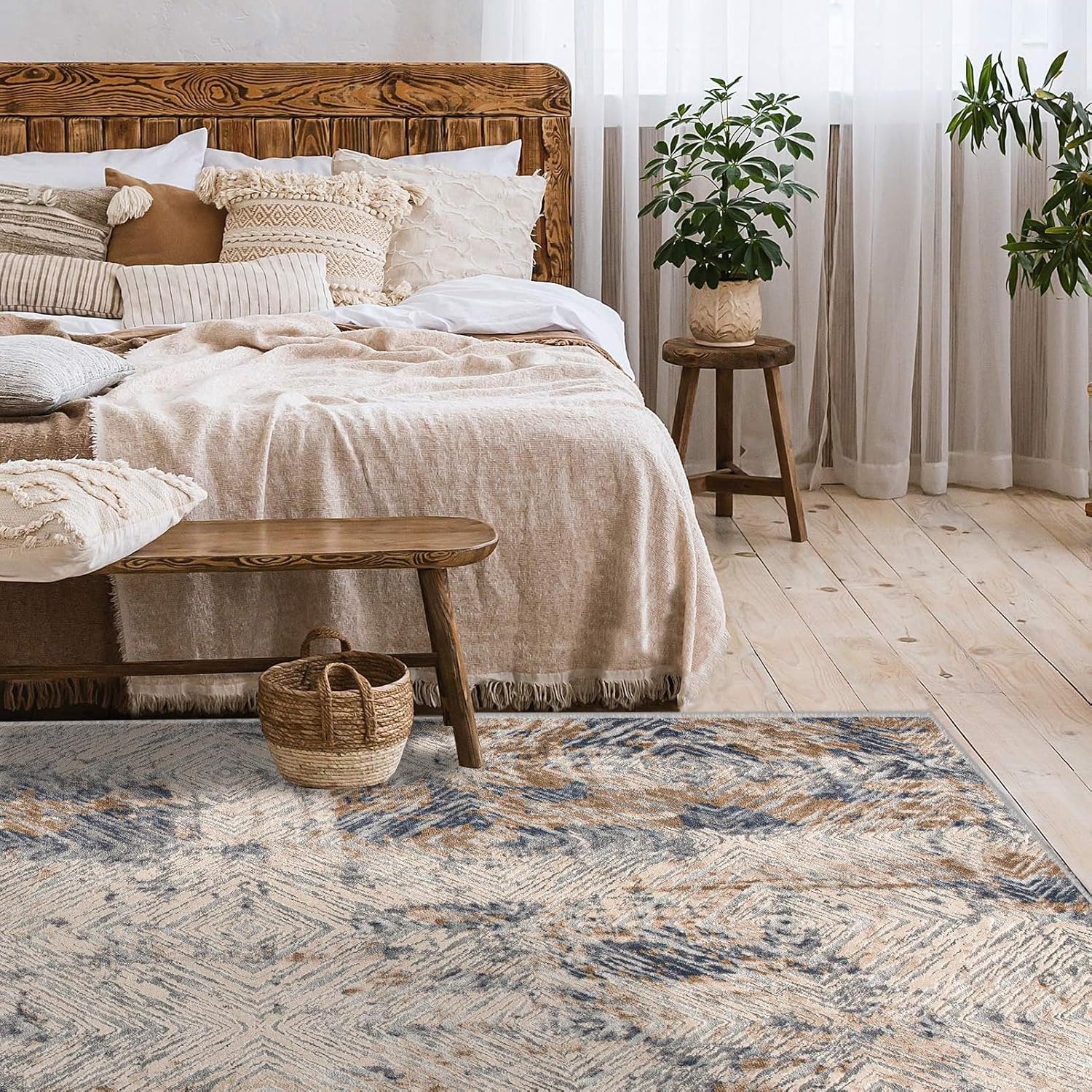 Cozy bedroom with wood bed, plants, and patterned rug.