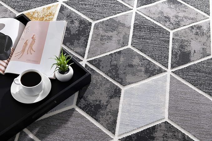 Modern geometric carpet with coffee and magazine