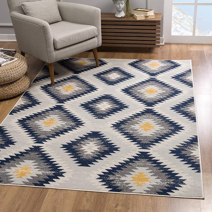 Patterned area rug in modern living room.