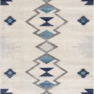Geometric patterned rug with blue and gray design.