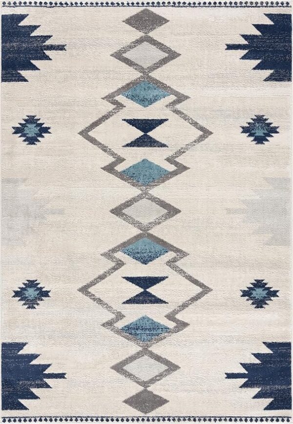 Geometric patterned rug with blue and gray design.