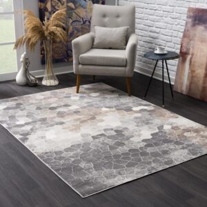 Modern living room with geometric rug and chair.