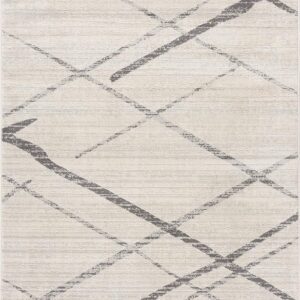 Abstract crisscross pattern on beige area rug.